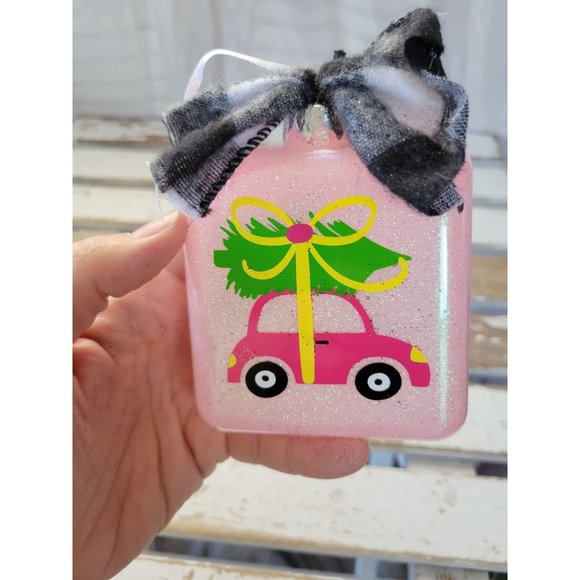 Pink car sparkle square ornament Xmas holiday tree - Picture 8 of 8